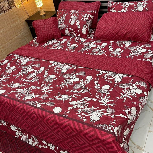 Cotton Quilted Bedding Set Red White Floral Geometric Double