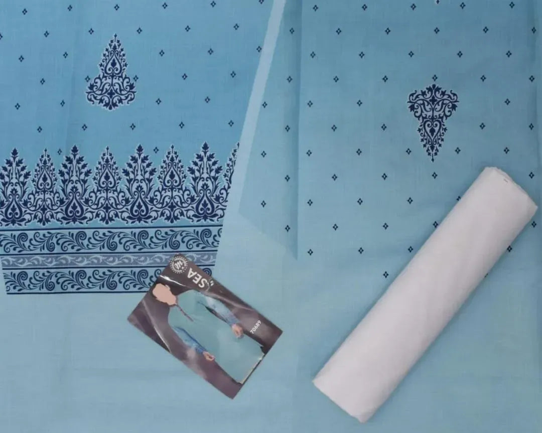 Men Cotton Self Print Suit Light Blue with Purple Embroidery