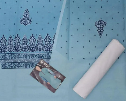 Men Cotton Self Print Suit Light Blue with Purple Embroidery