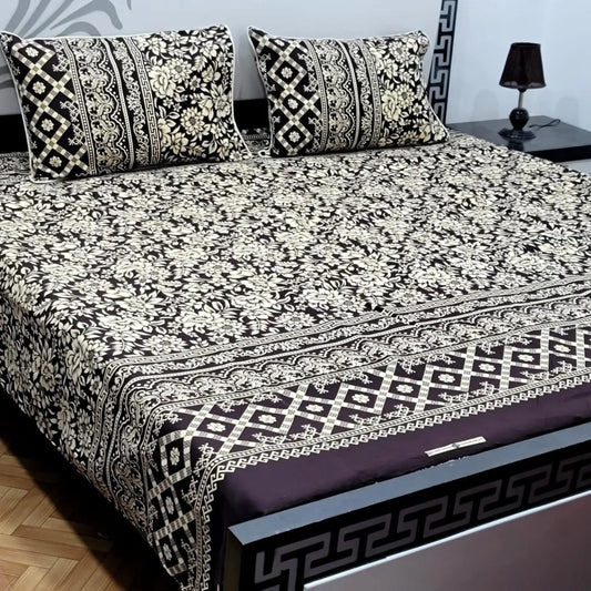 Crystal Cotton Printed Double Bedsheet Black Cream Floral Pattern