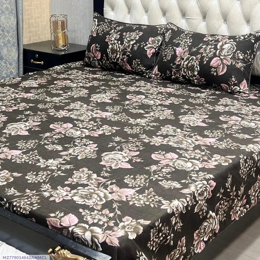 3 Pcs Crystal Cotton Printed Double Bedsheet