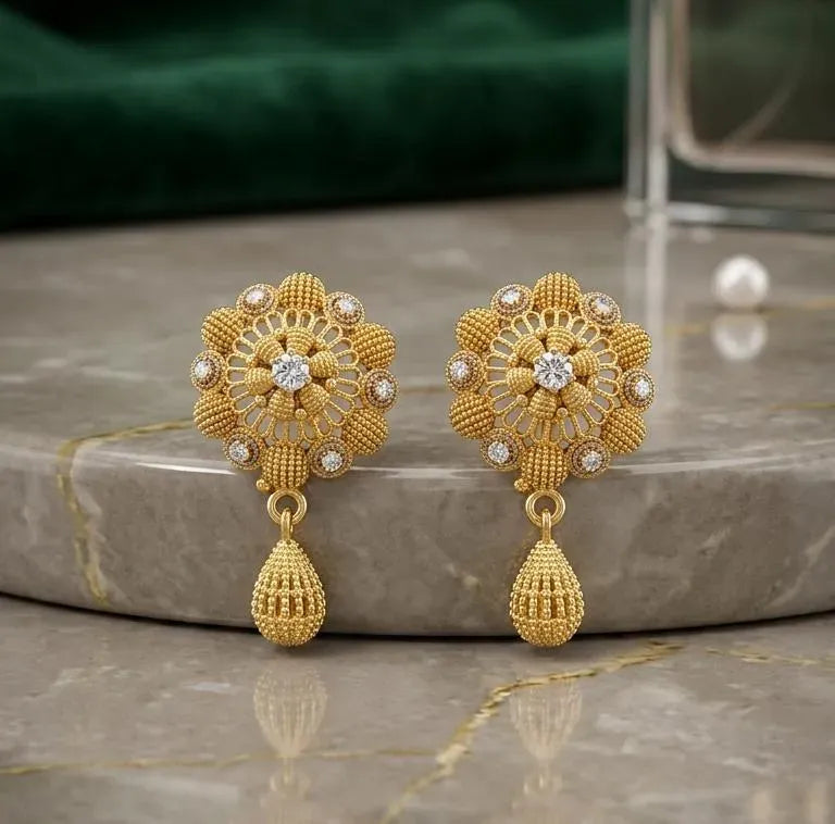 Golden Floral Earrings for Women, Gold Plated, Easy Wear