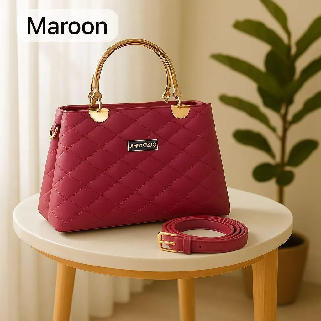 Maroon Quilted Handbag with Detachable Strap for Women
