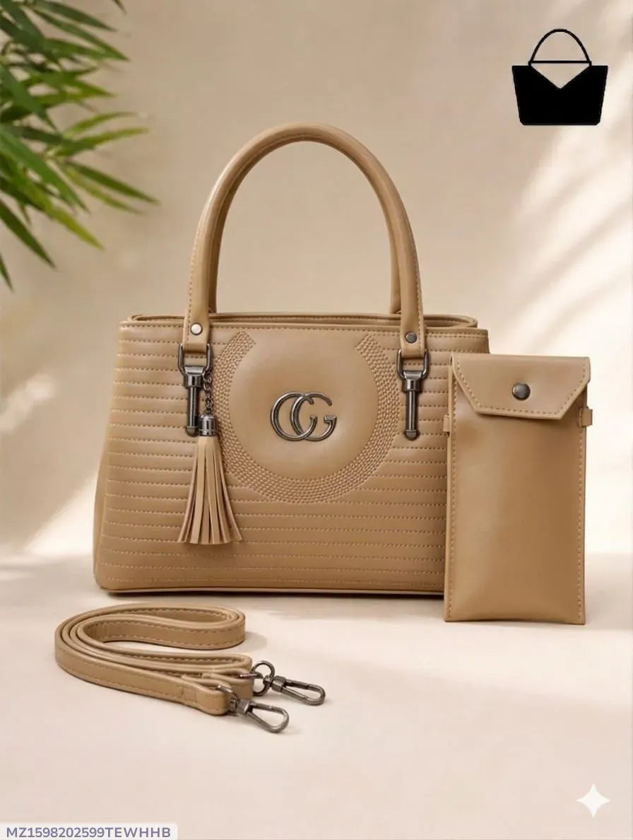 Women's Beige Leather Handbag Set with Top Handle