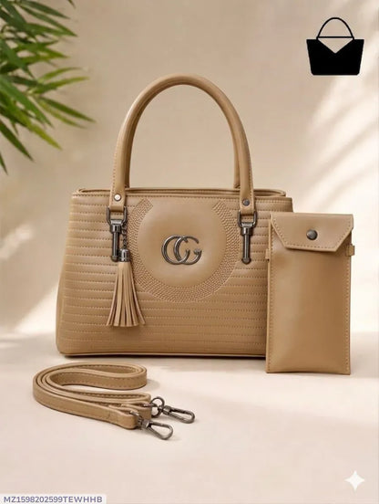 Women's Beige Leather Handbag Set with Top Handle