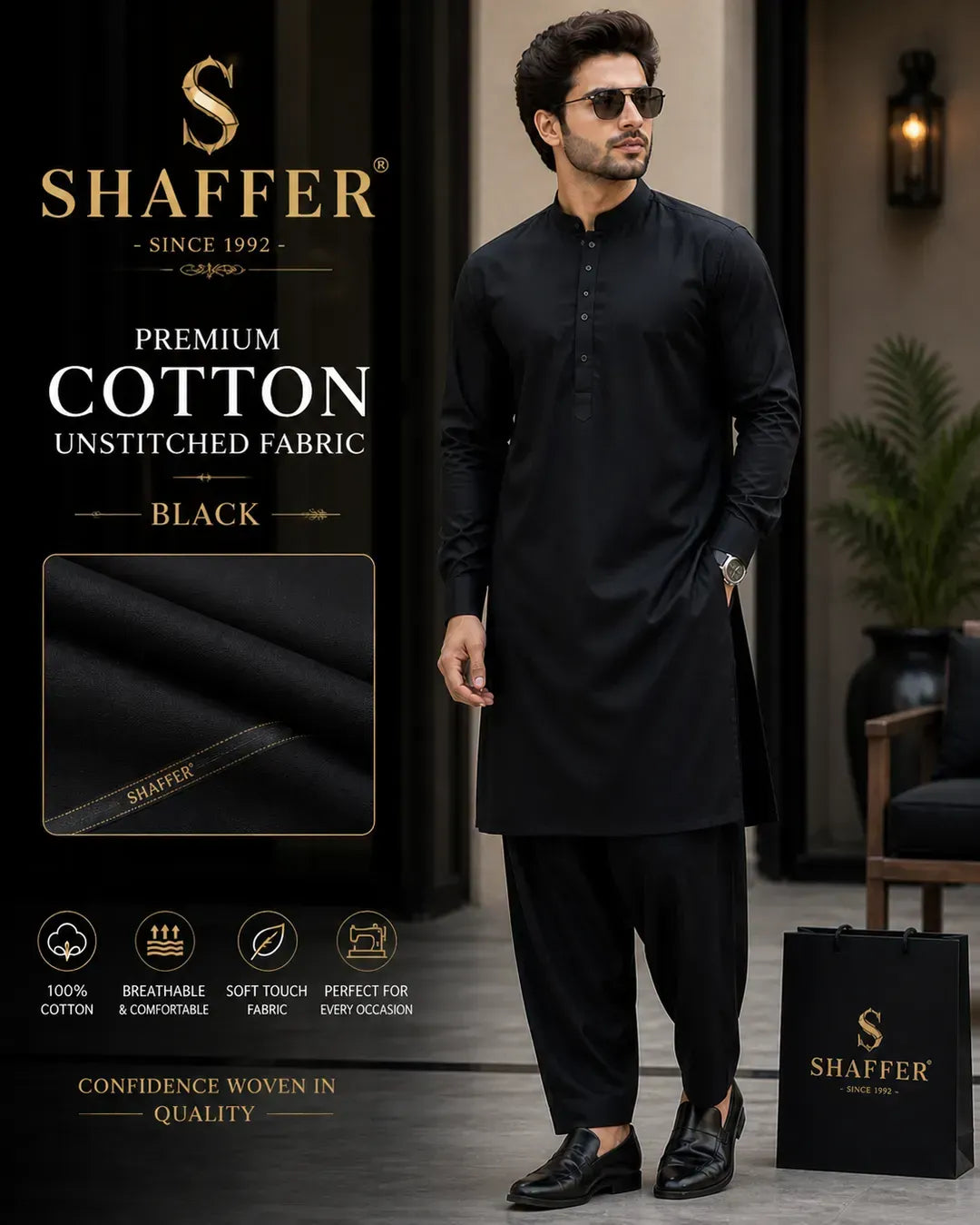 Black Unstitched Cotton Suit for Men Summer