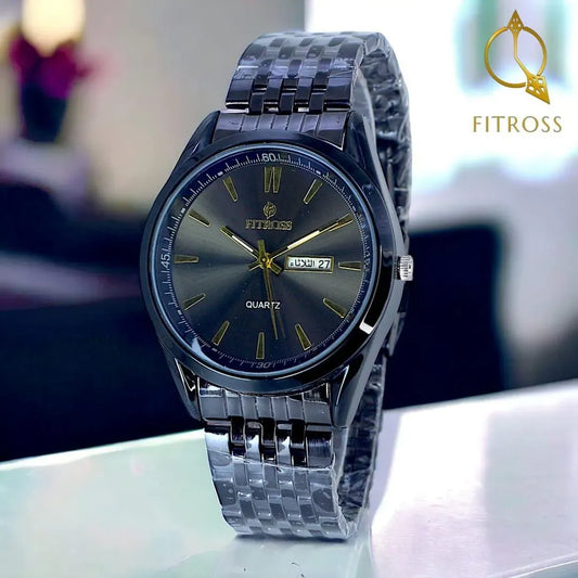 Men's Black Stainless Steel Quartz Watch with Day/Date Function
