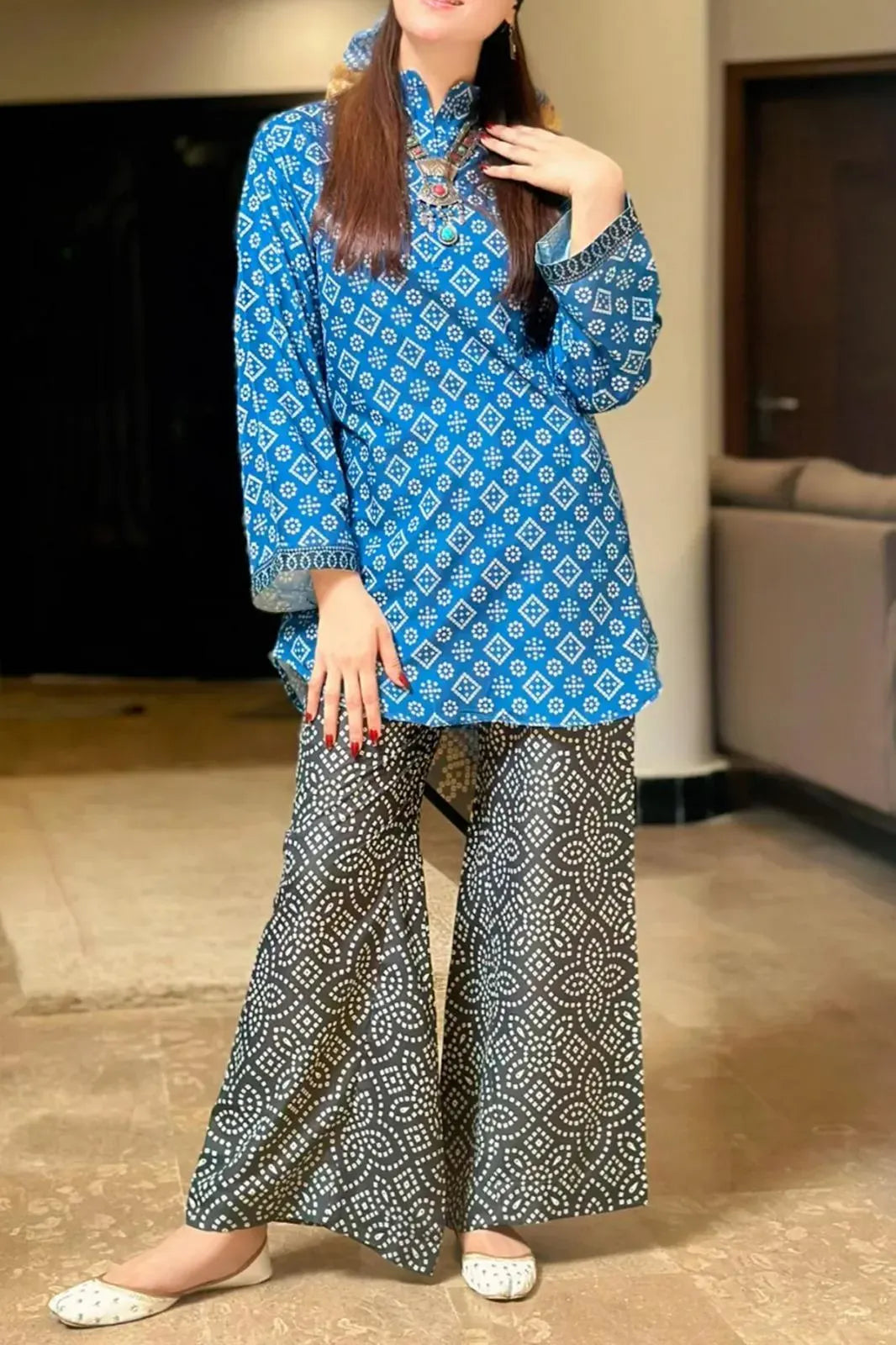 Blue Printed Co-ord Set for Women 2 Pcs