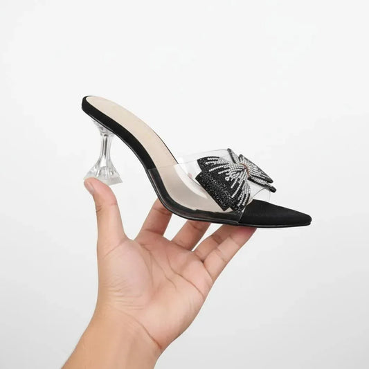 Black Bow Transparent Heel Mules for Women