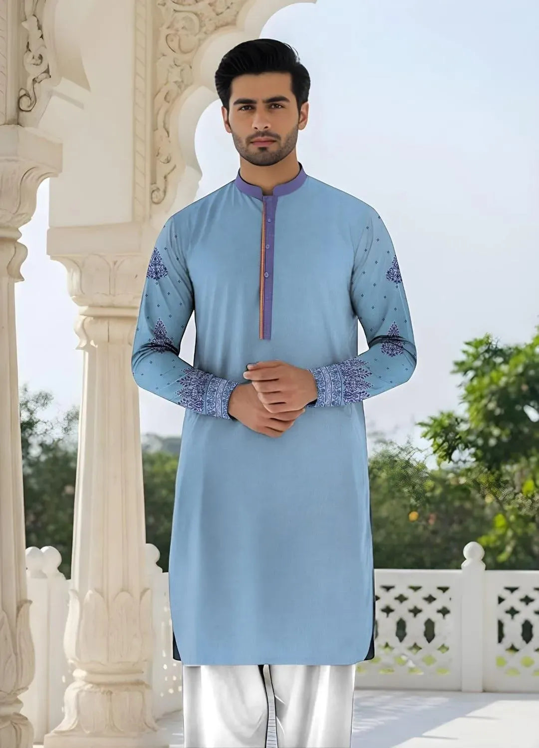 Men Cotton Self Print Suit Light Blue with Purple Embroidery