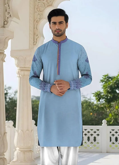Men Cotton Self Print Suit Light Blue with Purple Embroidery