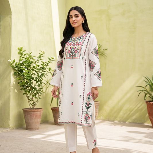 White Embroidered Cotton Shirt Trouser Set for Women