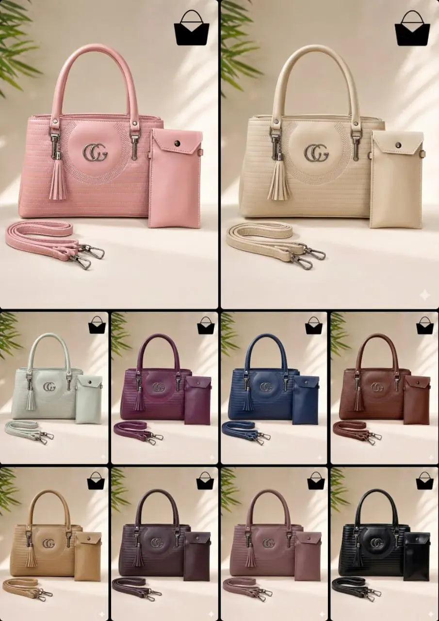 Women's Beige Leather Handbag Set with Top Handle