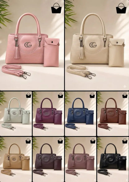 Women's Beige Leather Handbag Set with Top Handle