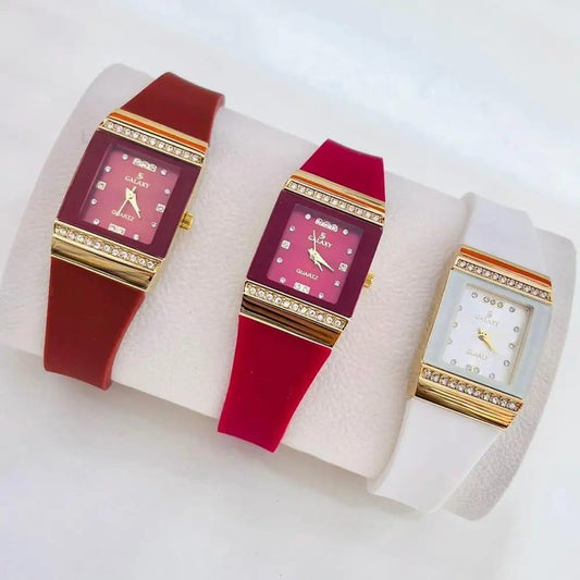 Women's Red Silicone Diamond Watch with Gold Case