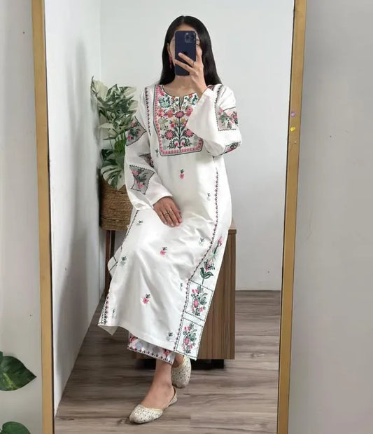 White Embroidered Cotton Shirt Trouser Set for Women