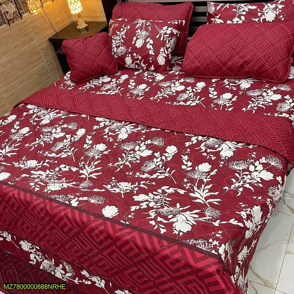 Cotton Quilted Bedding Set Red White Floral Geometric Double