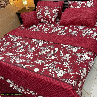 Cotton Quilted Bedding Set Red White Floral Geometric Double