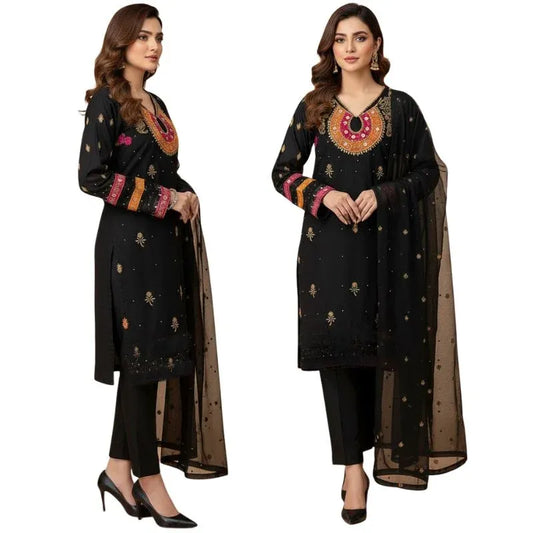 Katan Silk 3-Piece Suit for Women | Unstitched Plain Shirt & Trouser with Heavy Winter Silk Shawl Katan Silk 3-Piece Suit for Women