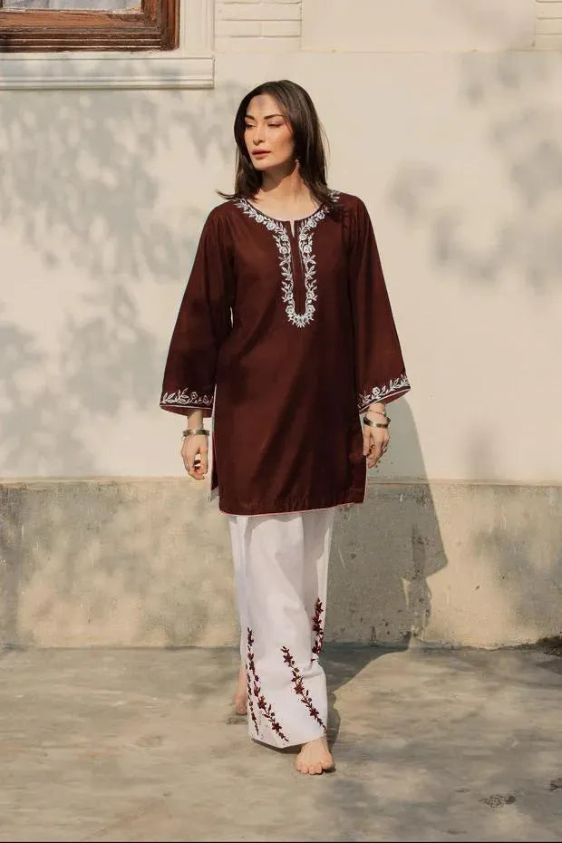 Blue Linen Floral Embroidered 2-Piece Set for Women