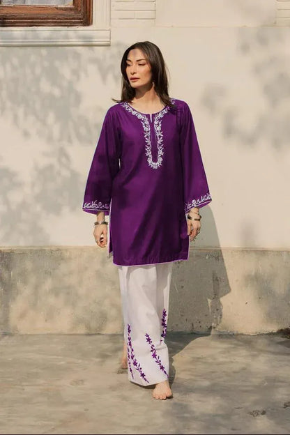 Purple Embroidered 2Pcs Emb Shirt Flapper Set