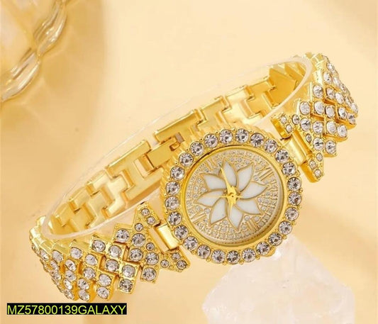 Women Golden Beads Chain Strap Watch Stainless Steel Round Dial