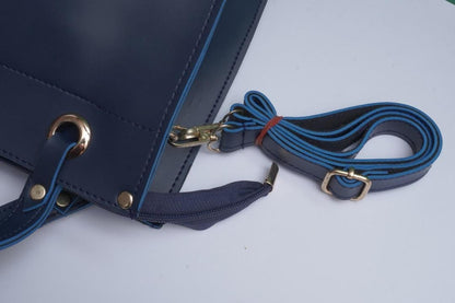 Blue PU Leather Handbag Set with Gold Hardware