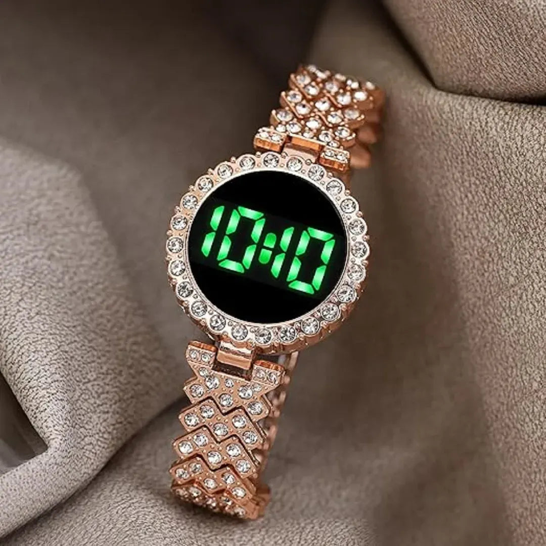 Digital Rose Gold Women's Watch with Diamond Strap