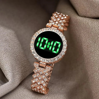 Digital Rose Gold Women's Watch with Diamond Strap