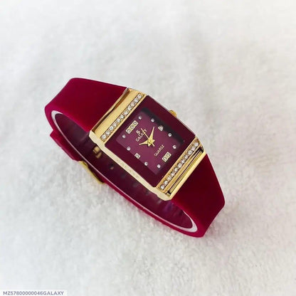 Women's Red Silicone Diamond Watch with Gold Case