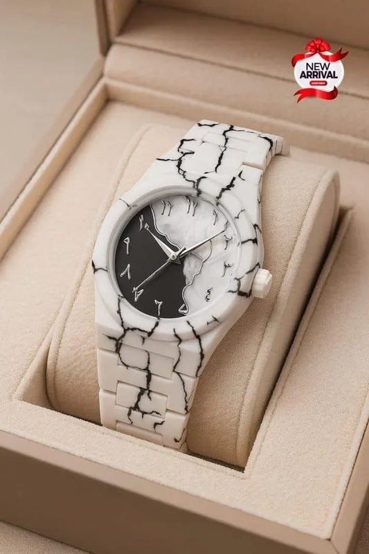 Men's Carbon Fiber Tiger Watch White Marble Design