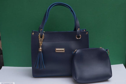 Blue PU Leather Handbag Set with Gold Hardware